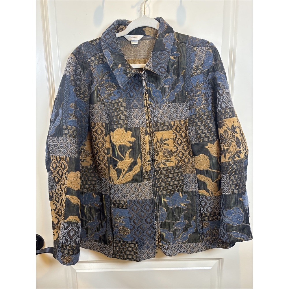 CJ Banks Zip Front Boho Floral Patchwork Design Tapestry Jacket Size 1X Coat